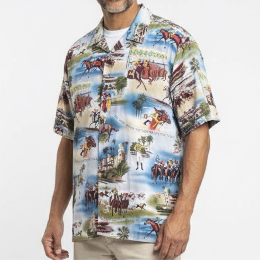 SILKS DEL MAR Vintage Horse Racing Hawaiian Shirt. Size Large.